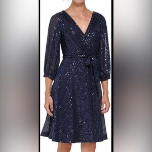 DKNY Women's Long Sleeve Sequin Surplice Faux Wrap